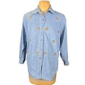RAAM ORIGINAL Vintage Denim Button Up Shirt Women L Embroidered Teddy Bear Artsy
